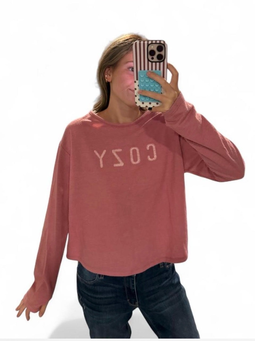 Stevie Hender’s boutique Women’s Medium ‘Cozy’ Pink Cropped Fleece Sweater shirt
